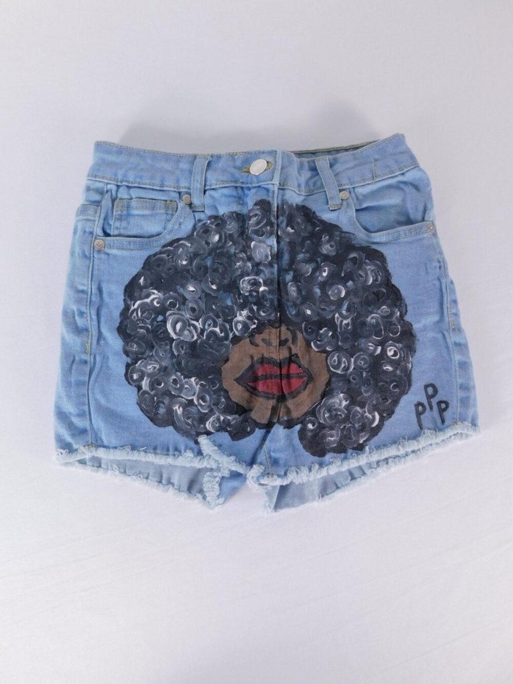 Parisian Denim Cutoff Shorts Womens 2 Blue Hand Painted Afro Art Frayed Hem